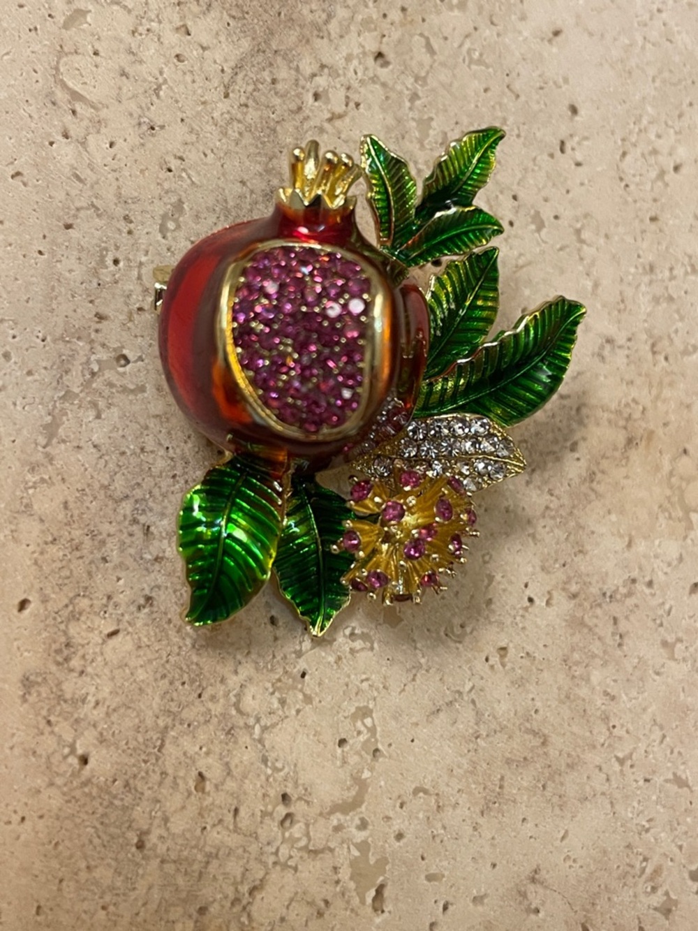 Neiman Marcus Pomegranate Brooch Red Green Enamel Crystal Statement Pin - Picture 4 of 5